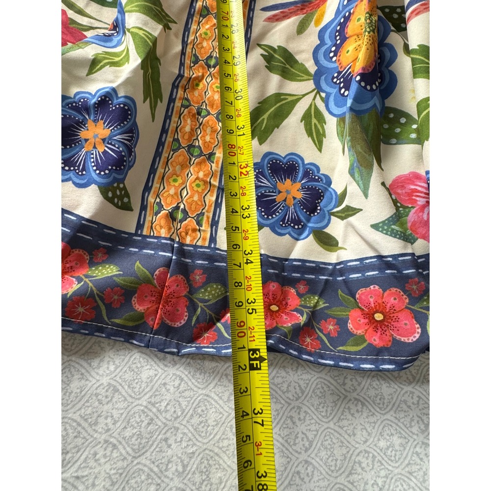 Tropical Parrot Floral Print V-Neck Balloon Sleeve Mini Dress Ivory Large - Picture 7 of 11